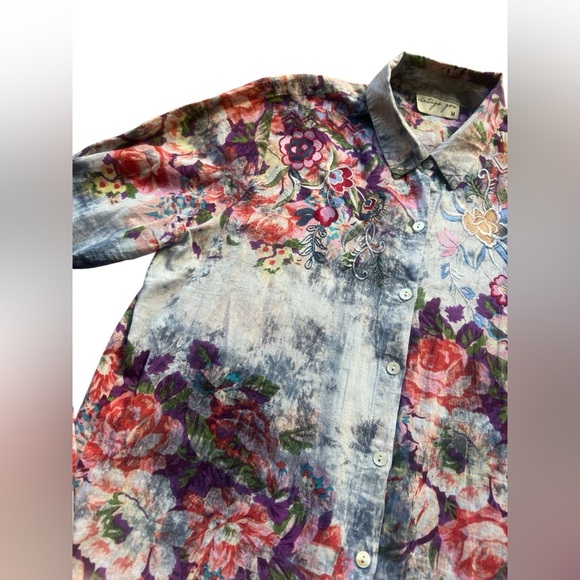 Vintage Goa Floral Multicolor Button Up Blouse Medium Cotton Lightweight - Picture 2 of 6